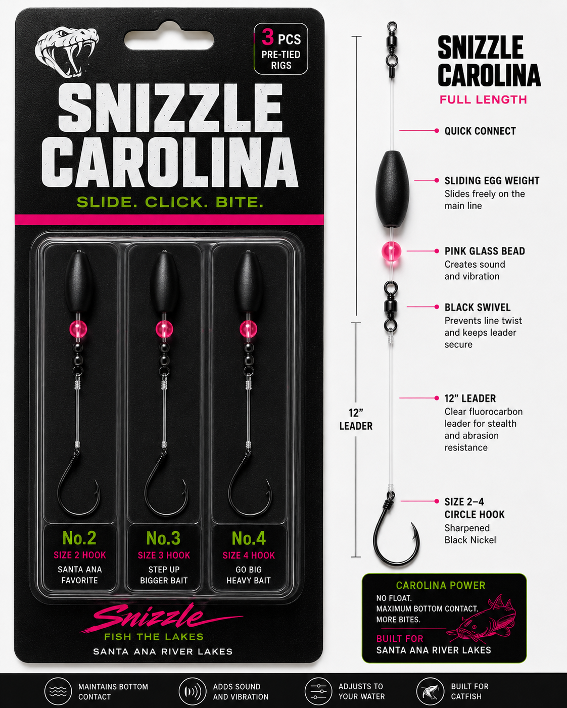 Snizzle Carolina 3 piece pre-tied rig retail package