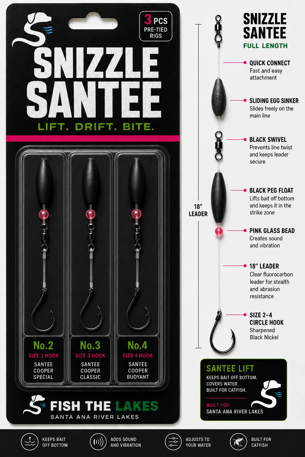 Snizzle Santee concept packaging with three pre-tied float rigs